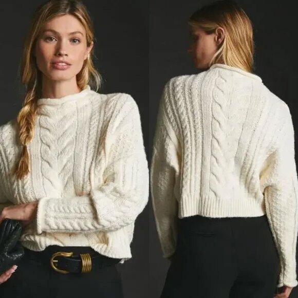 Anthropologie Pilcro Rolled Mock Neck Cable Knit Sweater Pullover, Ivory White S - Picture 1 of 16